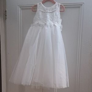 White Lace Dress With Pearl And Bow Details